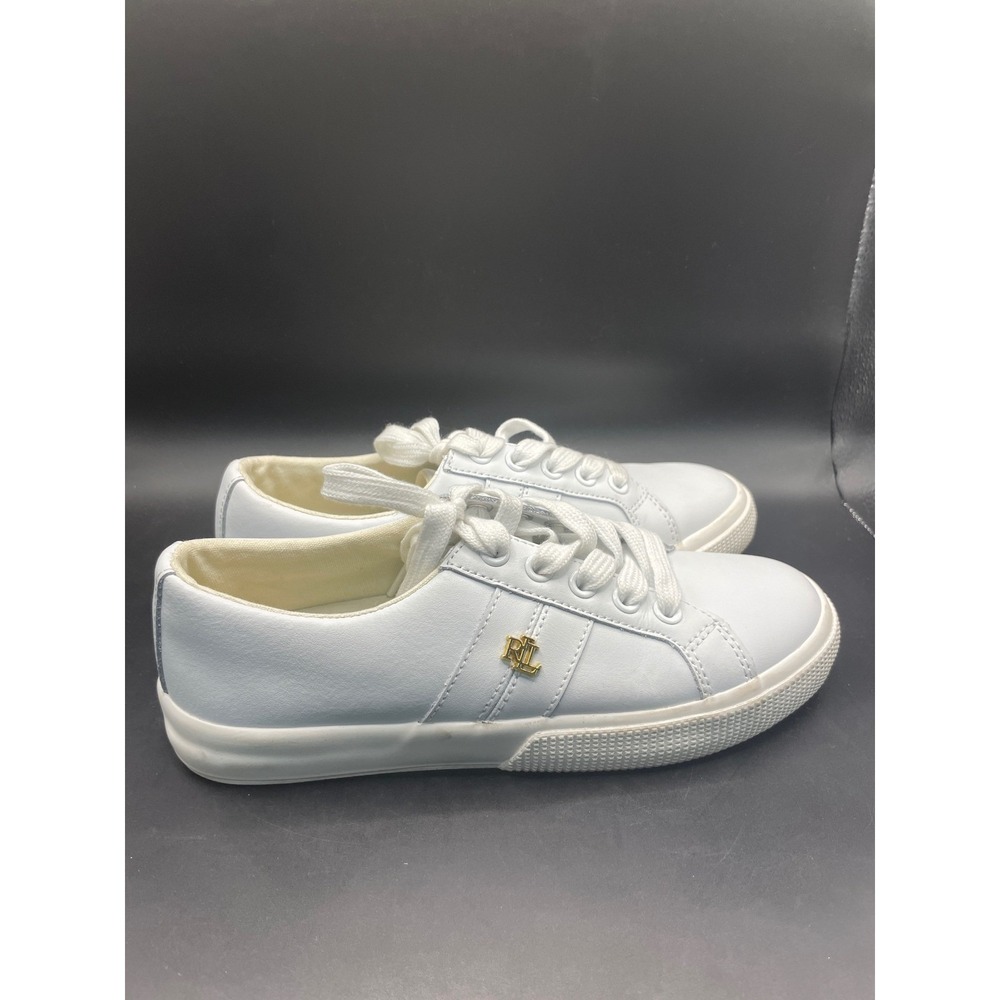 Lauren Ralph Lauren Janson II White Leather Sneakers Gold Logo Womens 5 13297